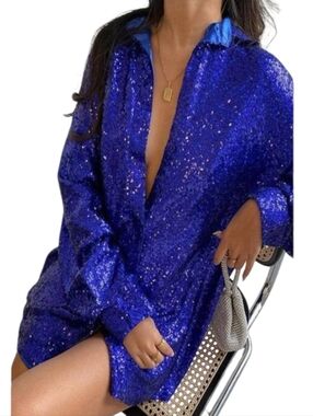 Nwot SLA Cobalt Blue Sequined Longsleeve Satin Lined Collared Mini Dress / Tunic